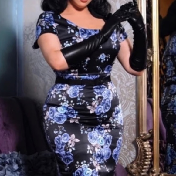 NWT Laura Byrnes Pinup Couture blue rose satin dress - Picture 2 of 5